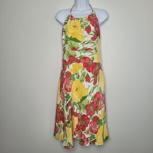 Ann Taylor LOFT bright floral halter 100% silk Vacation open back dress Size 8